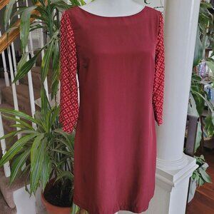 Old Navy Sz Small Petite Retro Shift Dress Burgundy 3/4 Sleeve Contrast Sleeves